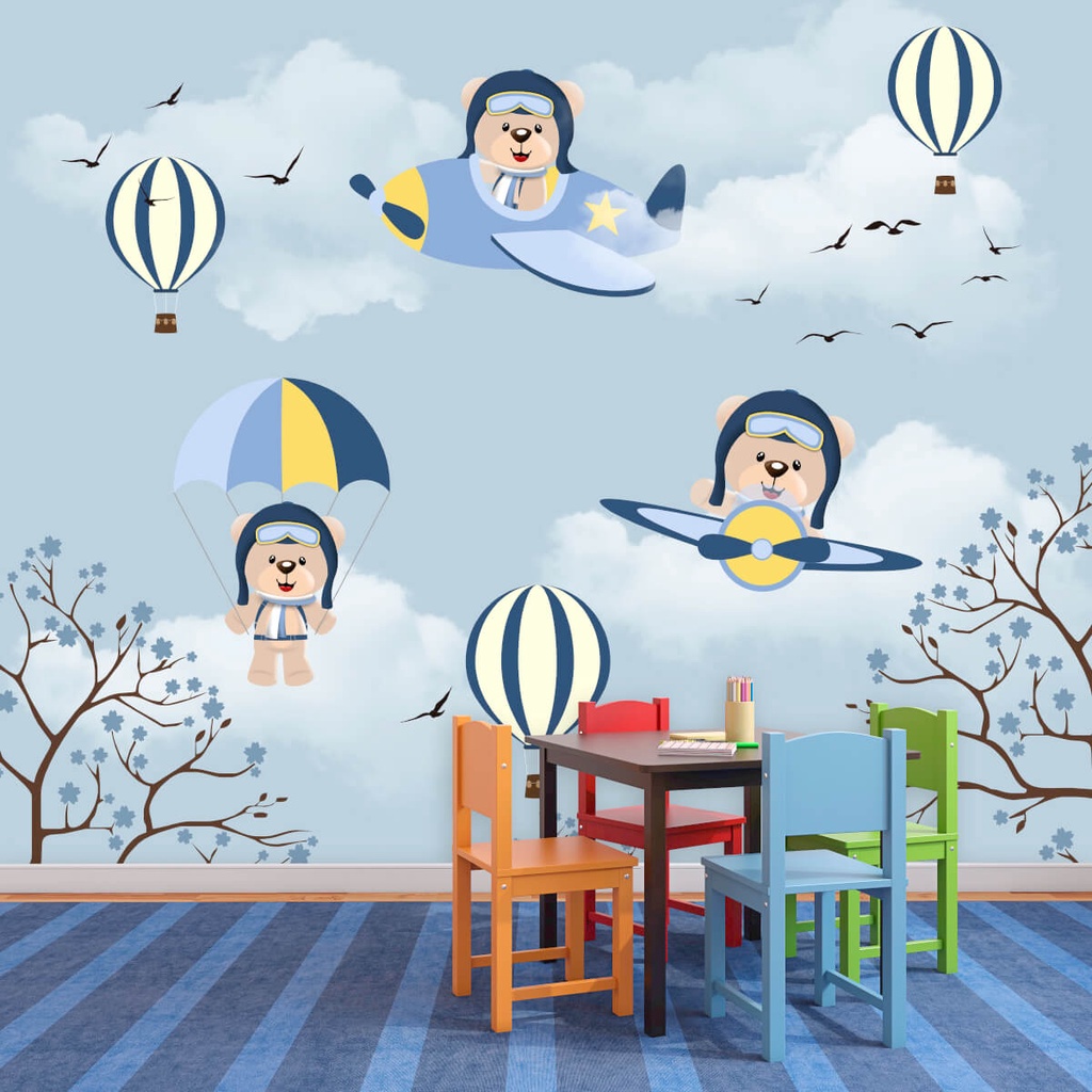Papel de Parede Personalizado Ursinho Aviador em Oferta na Shopee
