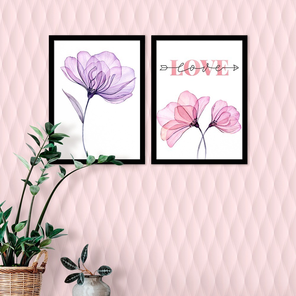 Kit Quadro Decorativo Flores Aquarela Love - Home & Living