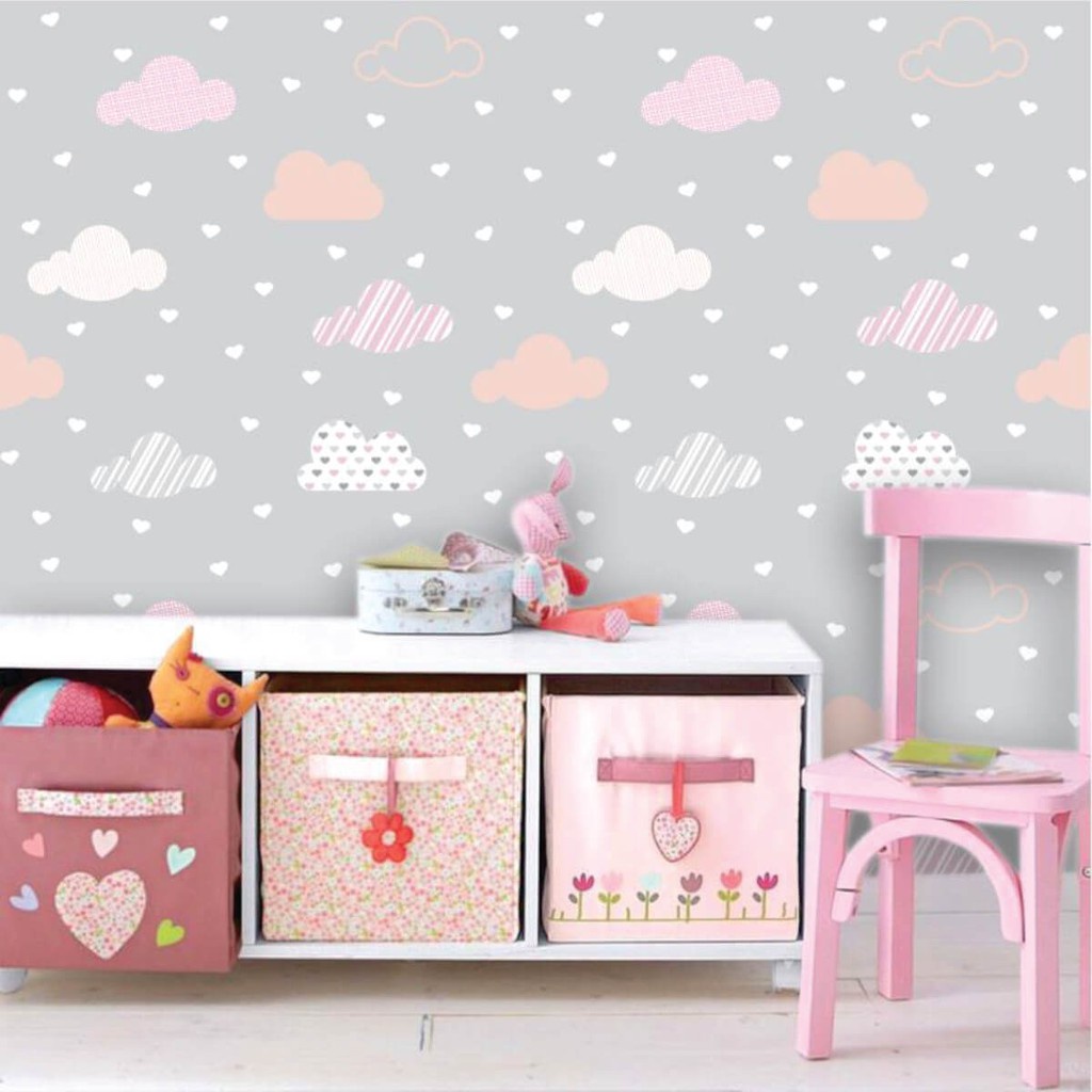 Papel de Parede Infantil Nuvens com Corações - Home & Living