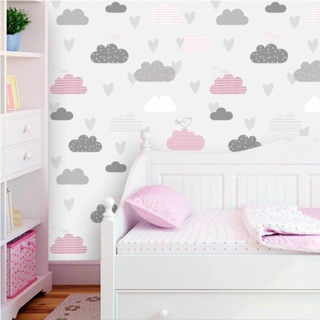 Papel de Parede Baby Nuvens Cinza e Rosa com Passarinhos em Oferta na Shopee