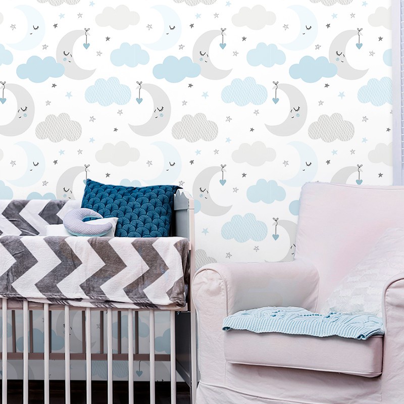 Papel De Parede Baby Nuvens E Lua Cinza E Azul - Home & Living