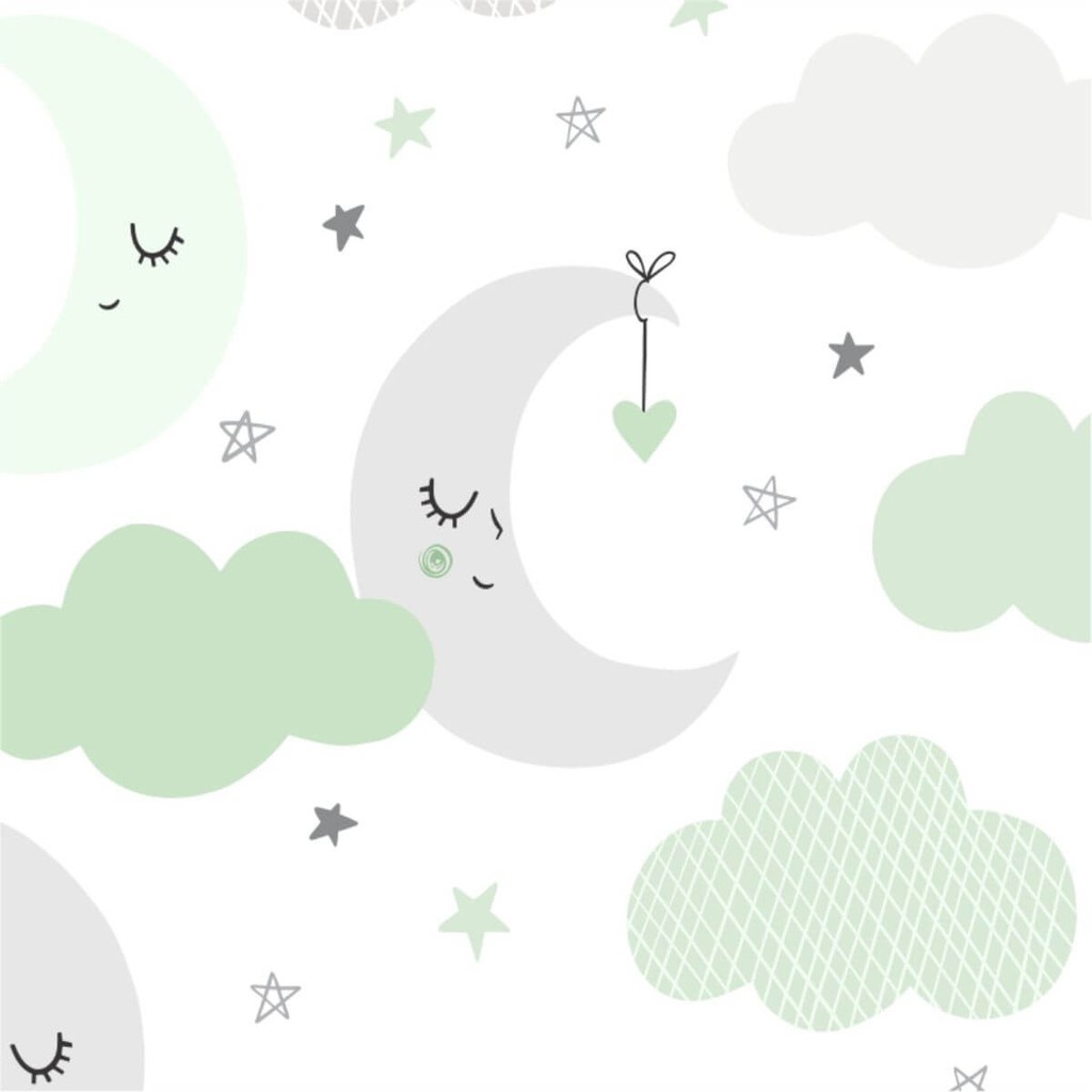 Papel de Parede Baby Nuvens e Lua Cinza e Verde - Home & Living