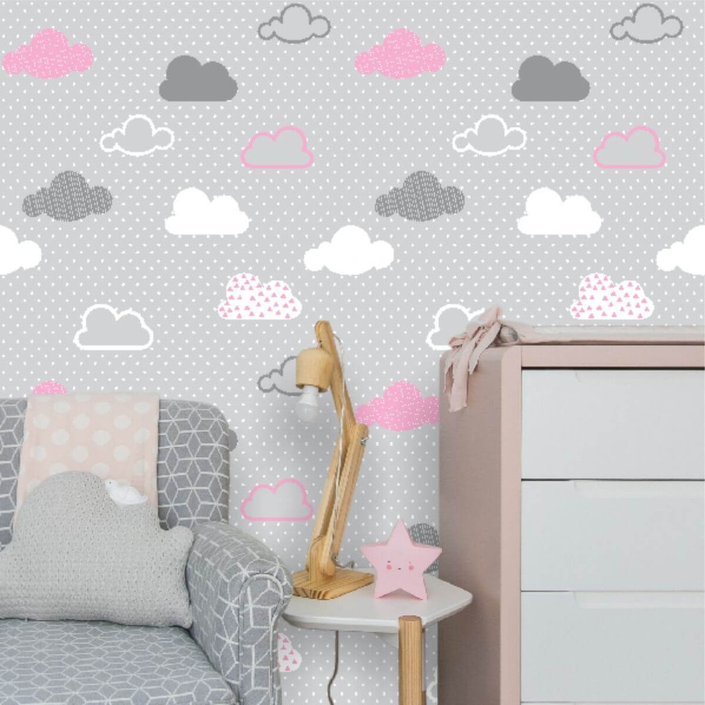 Papel de Parede Infantil Nuvens Cinza e Rosa em Oferta na Shopee