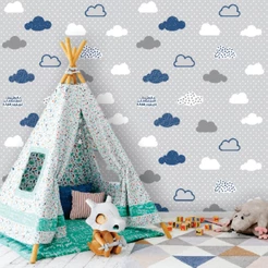 Papel de Parede Infantil Nuvens Cinza e Azul Decoração Quarto