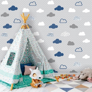 Papel de Parede Infantil Nuvens Cinza e Azul Decoração Quarto em Oferta na Shopee