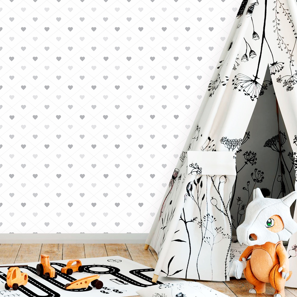 Detalhes do Papel de Parede Baby Coração Cinza Quarto Menina Infantil