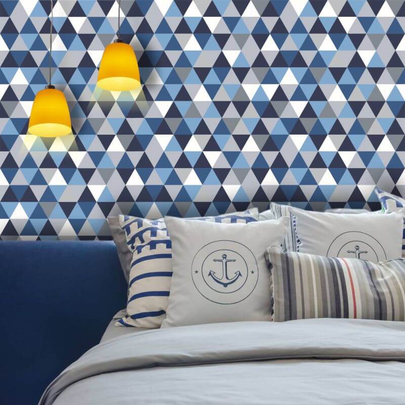 Papel de Parede Geométrico Triângulos em tons de Azul e Cinza em Oferta na Shopee