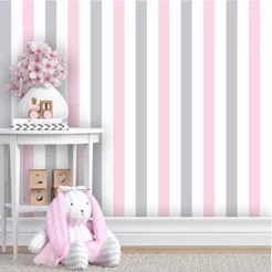 Papel De Parede Rosa Listrado,branco E Cinza