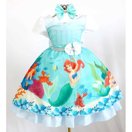Vestido Infantil Tematico Festa Luxo Sereia Ariel Fundo Do Mar + Tiara