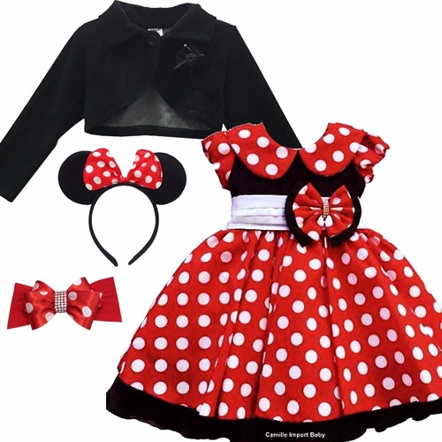 Vestido Festa Luxo Poá Minnie Vermelha com Bolero + Tiara e Faixa