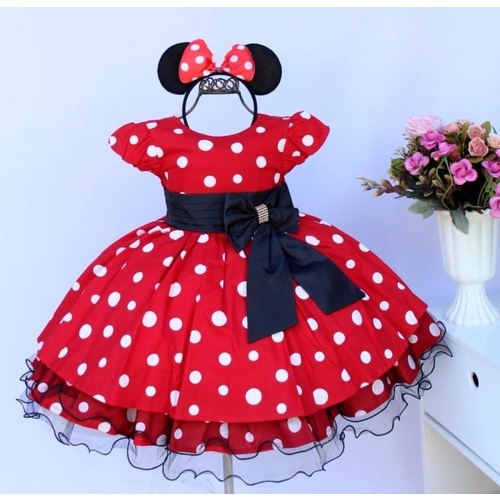 Vestido Festa Luxo Poá Minnie Vermelha com Tiara de orelha