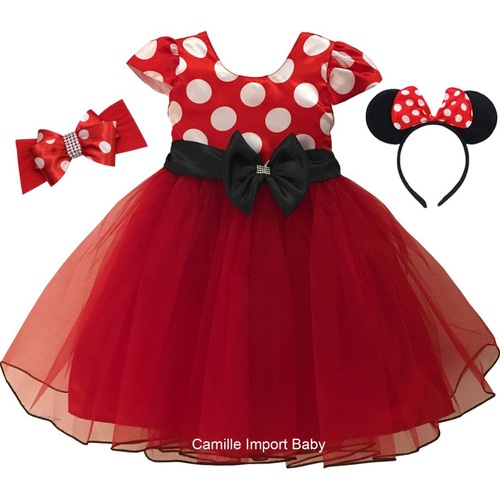 Vestido Minnie Vermelha Infantil Com Tiara e Faixa Luxo