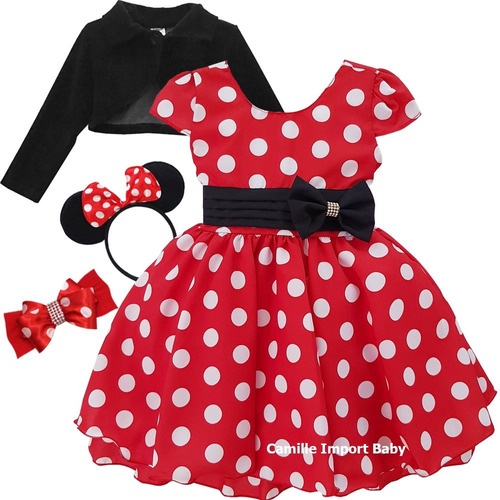 Vestido Festa Luxo Infantil Minnie Minnie Poá Festa Com Bolero E Tiara