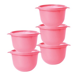 Kit 5 Potes Redondos Rosa Bebe de Plástico com Tampa e Alça 500ml cada Empilhável