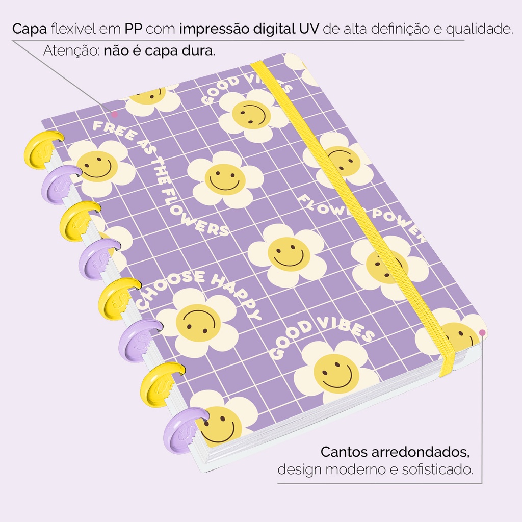 Caderno De Disco Iscool Inteligente Pequeno 80 Folhas Retro Good Vibes Flores Lilás