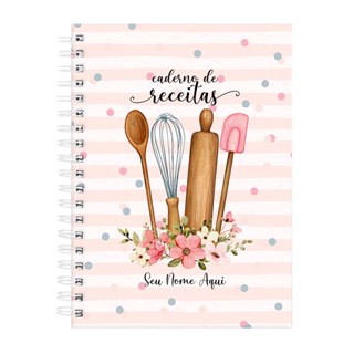 Caderno Personalizado de Receitas Floral Listras Rosa 18x25