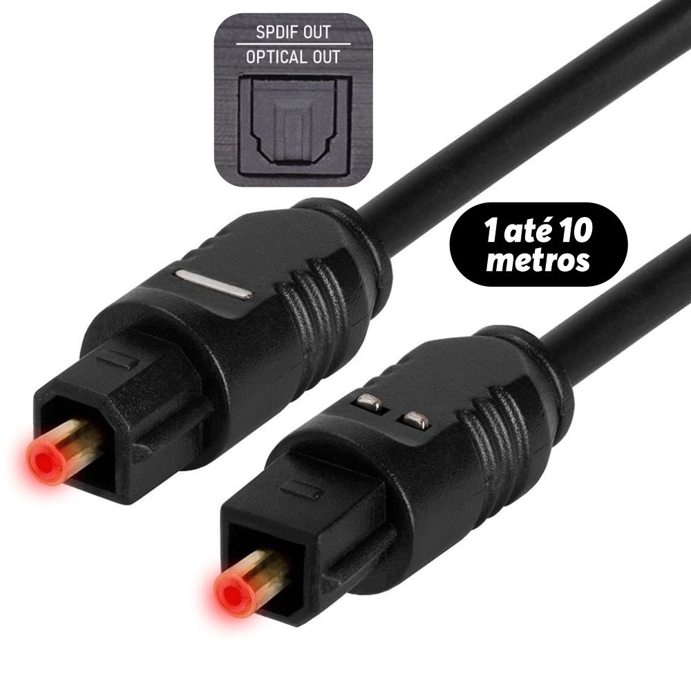 Cabo Óptico de Áudio Digital Toslink SPDIF 1m 2m 3m 5m 10m metros TV Som Home Theater Ps3 Ps4 Ps5 Playstation Xbox