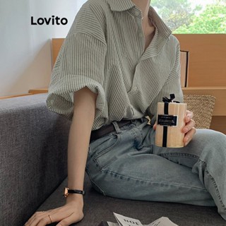 Lovito Casual Blusa Feminina Listrada de Manga Curta com Botão Frontal e Gola LNA08047 (Cinza)