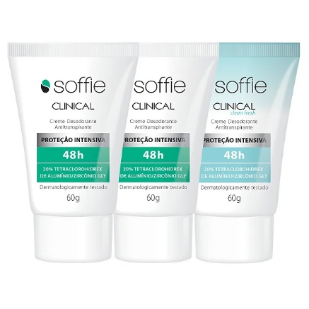Kit com 3 Desodorantes Clinical Antitranspirantes 48h Proteção - Soffie Clean Fresh e Classic
