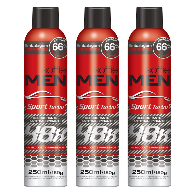 Kit com 3 Desodorante Antitranspirante Aerossol Masculino Soffie Men Sport Turbo 48h Alta Performance 250ml 150g