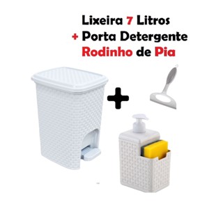 Kit BRANCO de Lixeira Cesto Rattan 7 litros com pedal + Porta Detergente e Sabonete Líquido Rattan Branco + Rodinho De Pia Branco Cozinha Banheiro