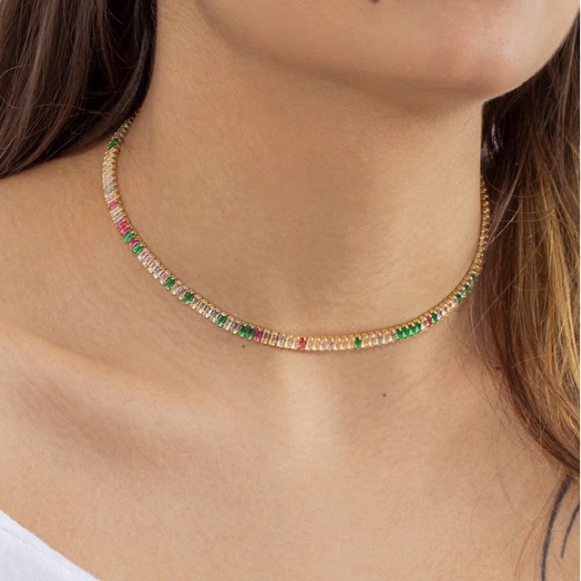 Colar Feminino Riviera Baguete Cravejada Zircônia Colorida a Prata 925 - Ouro 18k