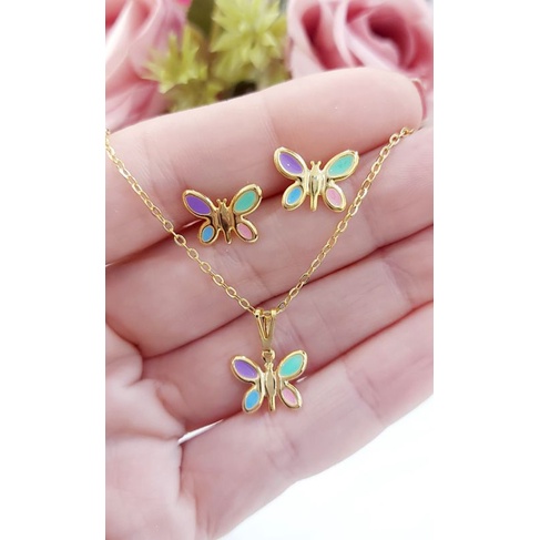 Colar e Brinco infantil folheado a ouro 18k menina Flor, borboleta, unicórnio,  gato em Oferta na Shopee