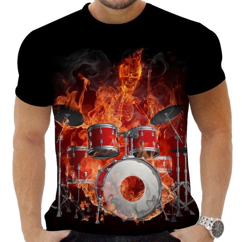 Camiseta Camisa Personalizada Caveira Rock Bateria Metal 2_x000D_