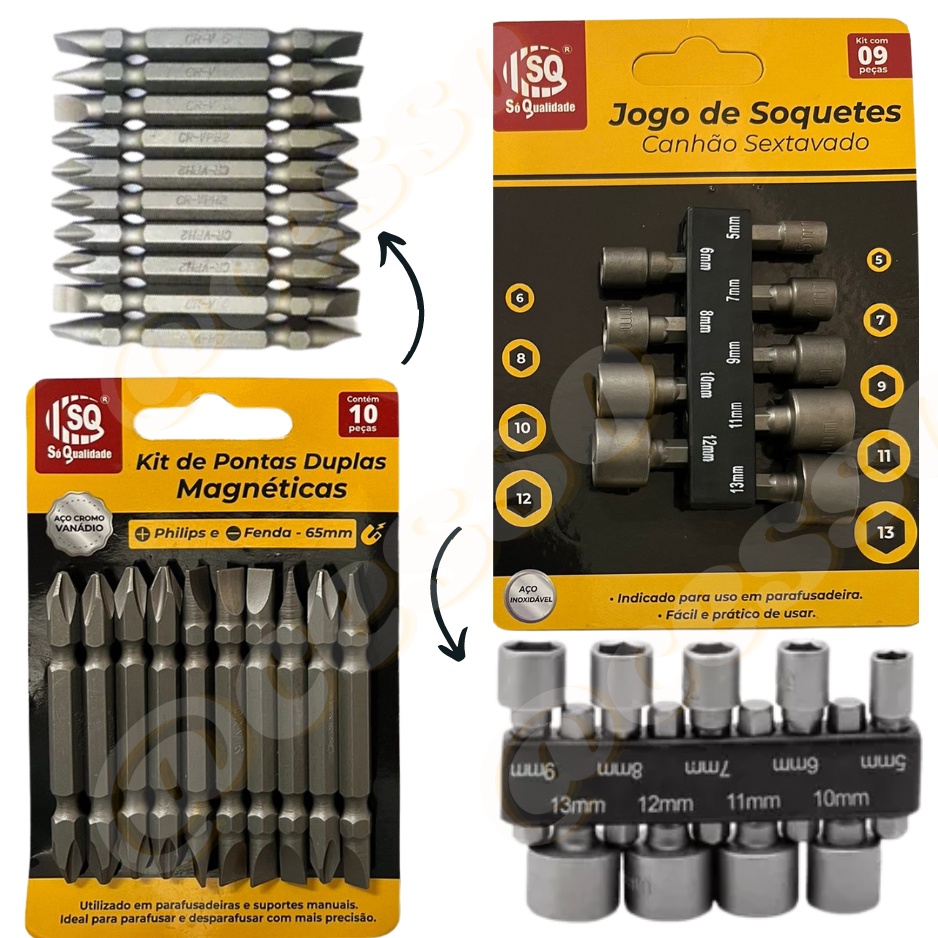 Kit Com 9 Soquetes 5 A 13mm + Kit 10 Ponteiras Parafusadeira Top
