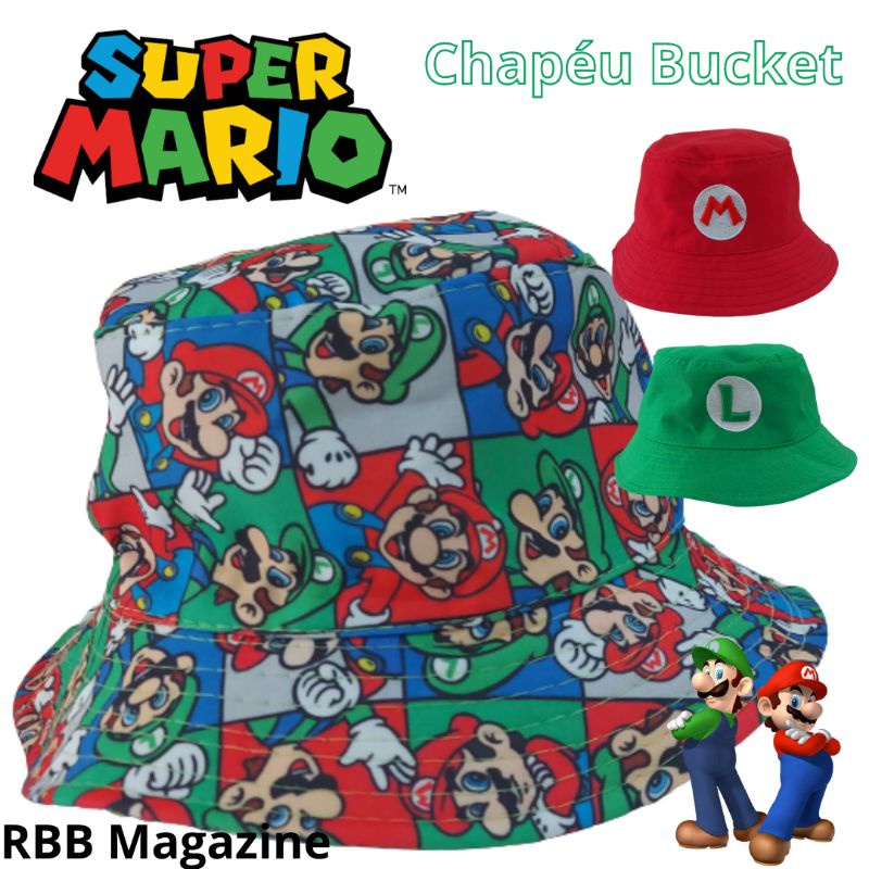 Chapéu e Boné de Praia Bucket Infantil e adulto Super Mario e Luigi personagens jogo e filme