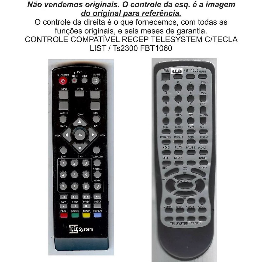 Controle Compatível Com Recep Telesystem Ts2300 FBT1060