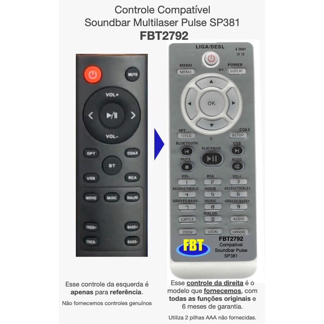 Controle Compatível Com SoundBar Multilaser Pulse SP381 FBT2792