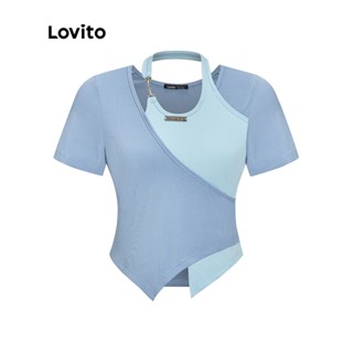 Lovito Camiseta Casual Lisa Colorida Em Cadeia De Manga Curta Para Mulheres LNE05116 (Azul)