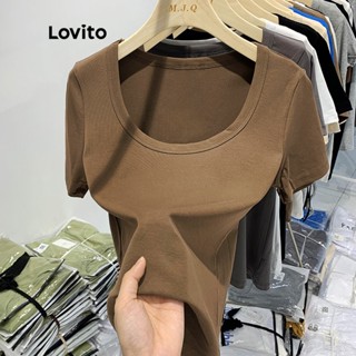 Lovito Camiseta Casual Lisa Manga Curta Gola Redonda Para Mulheres LNE06076 (Café)