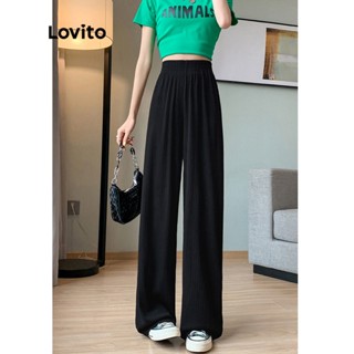 Lovito Calças Femininas Casuais De Cintura Alta Com Textura Lisa LNA06099 (Preto)