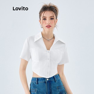 Lovito Blusas Femininas Casuais Lisas Com Gola Frontal E Manga Curta L49ED046 (Branco)