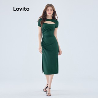 Lovito Vintage Vestido Feminino Liso Recortado com Botão L49ED107 (Verde Escuro)