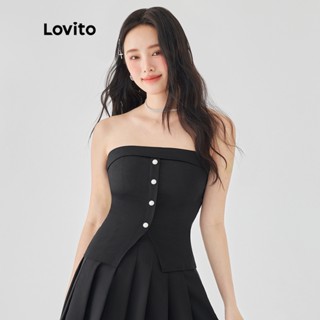 Lovito Casual Blusa Feminina Lisa Sem Mangas com Botão Enfeitado L49AD017 (Preta)