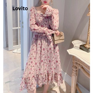 Lovito Vestido Casual Floral com Babados Estilo Franja Botões e Zíper Cintura Alta para Mulheres LNL02148 (Rosa).