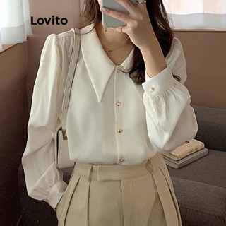 Lovito Elegante Blusa de Manga Longa com Gola de Contraste e Botões Frontais para Mulheres LNL03009 (Branco/Preto)