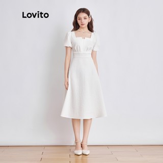 Lovito Vestido Romântico Liso Gola Quadrada Boa Textura Midi Comprimento Feminino L44AE019 (Branco)