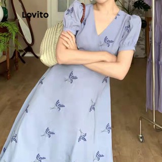 Lovito Casual Vestido Feminino Floral Cruzado Evasê Midi de Manga Curta com Decote V LNA08036 (Azul)