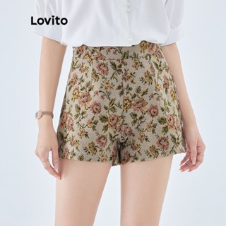 Lovito Short Feminino De Cintura Alta Regular Floral Boho L49ED069 (Multicolor/Damasco)
