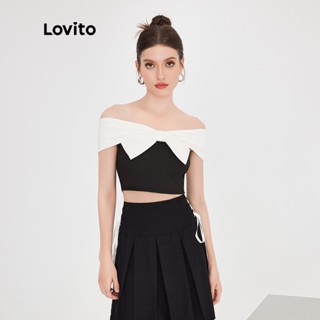 Lovito Fofo Blusa Feminina Lisa Colorblock com Laço L51ED068 (Preto e Branco)