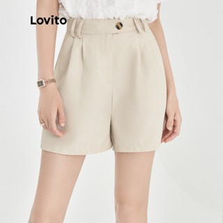 Lovito Elegante Shorts Feminino Liso Assimétrico de Linho com Botão e Fecho Frontal L51ED081 (Cáqui Claro)