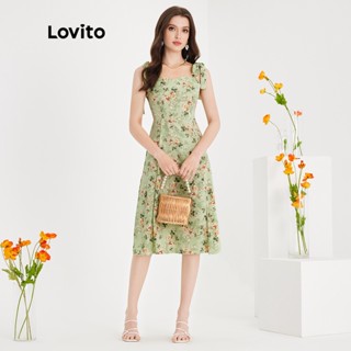 Lovito Boho Vestido Feminino Floral Amarrado com Nó Fenda e Decote Quadrado L51ED136 (Verde)