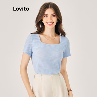 Lovito Camiseta Feminina Casual Lisa Waffle Decote Quadrado L35ED007 (Azul Claro)