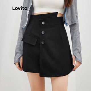 Lovito Shorts Femininos Casual Liso com Cintura Irregular L37AD089 (Preto)