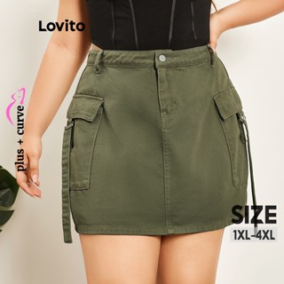 Lovito Plus Size Saia Feminina Curvas Casual Lisa Com Bolso E Zíper LPS07028 (Verde)