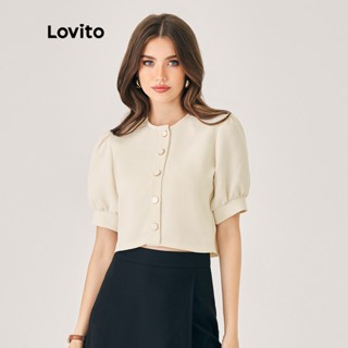 Lovito Casual Liso Botão Frontal Manga Bufante Gola Redondo Manga Curta Blusa Feminina L39ED014 (Off White)